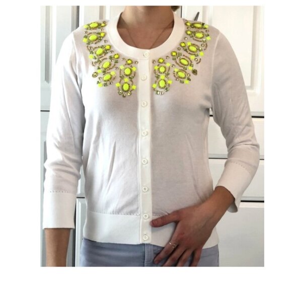 Kate Spade New York White Cardigan with Green and Gold Jeweled Detailing Size-M - Picture 7 of 10